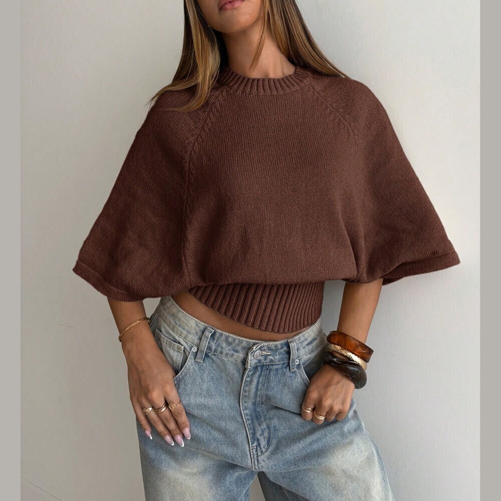 Brown Knit Puff Sleeve Ribbed Hem Cropped Sweater